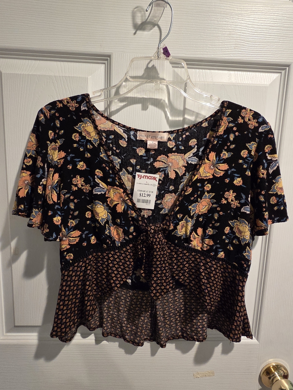 Band of Gypsies Black Floral Tie-Front Crop Top with Yellow & Peach Accents